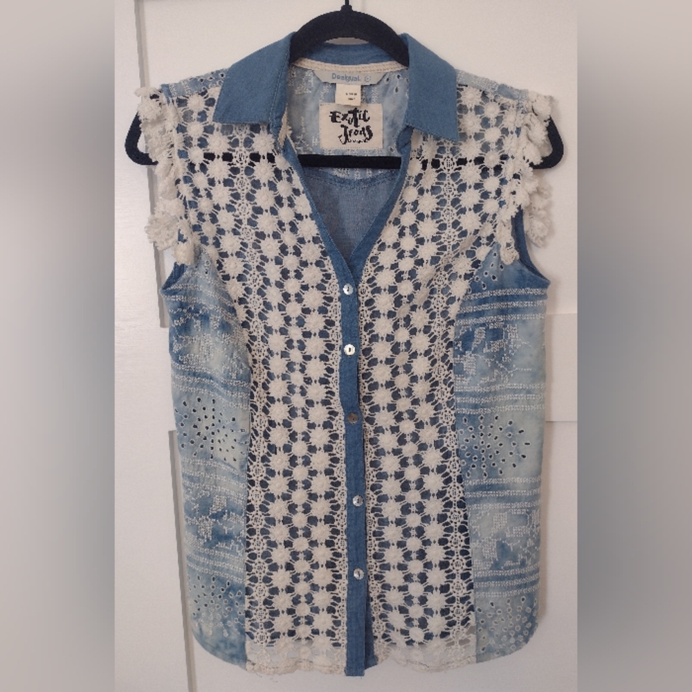 Exotic Jeans Desigual Denim & Lace Button Up Blouse